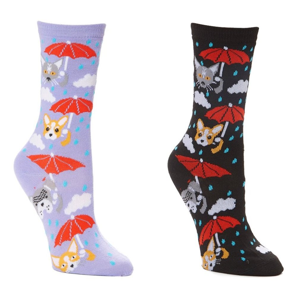 Raining Cats Dogs Umbrellas Cloud Kitten Puppy Women's Foozys 2 Pairs Socks 9-11